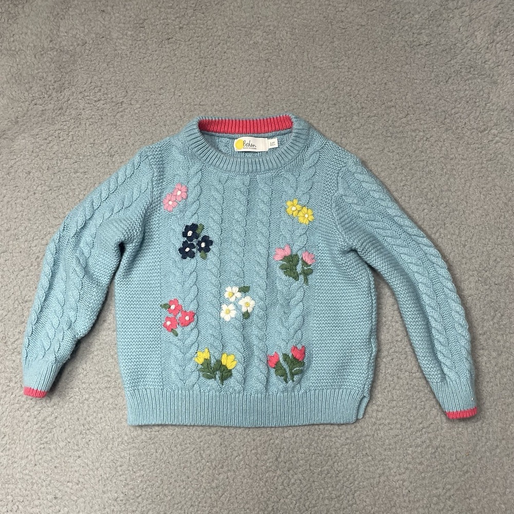Boden Cable Knit Floral Sweater Girls 3-4Y Blue Tulip Embroidered Pullover
